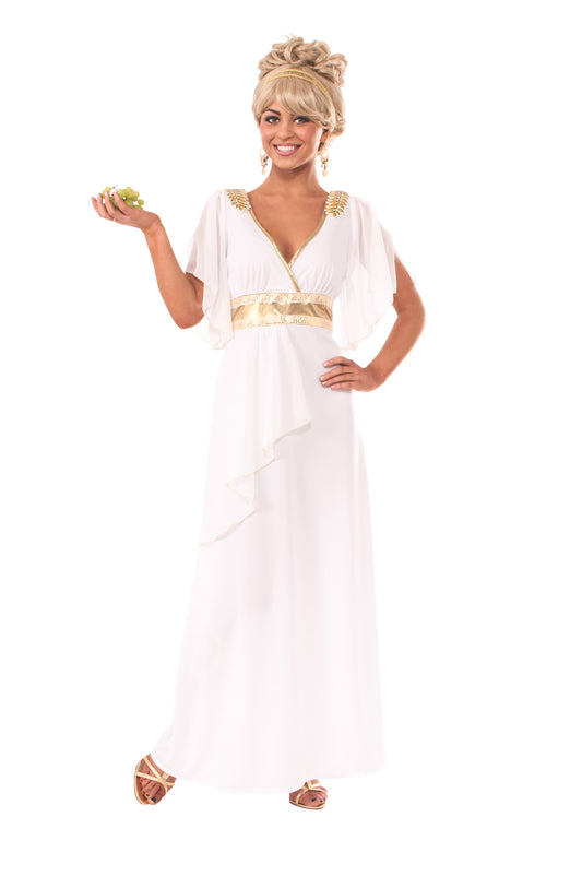 Roman Goddess Costume for adults with dress and headpiece, ideal for kids dress-up play.