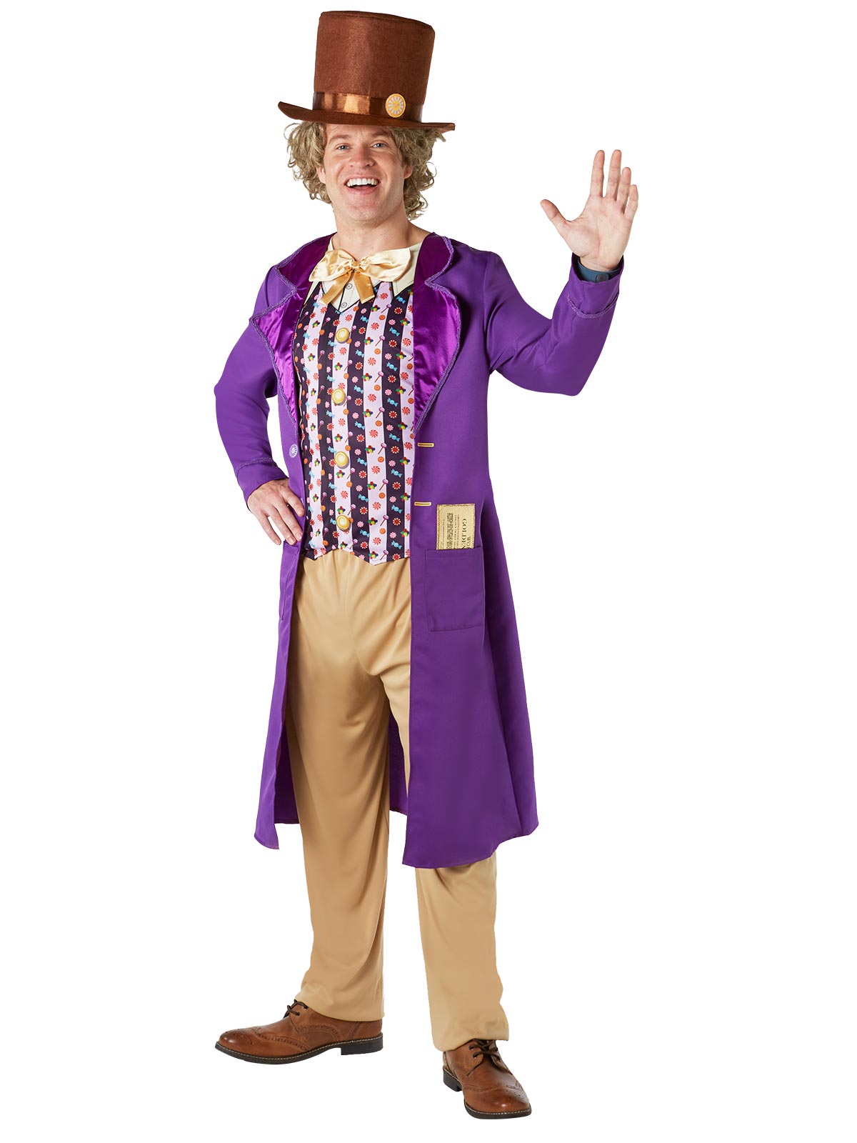 Willy Wonka adult costume with movie jacket and hat for childrens dress-up fun at home.