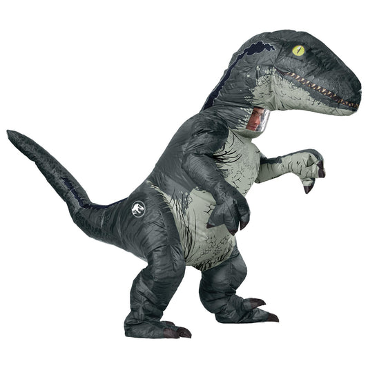 Inflatable Velociraptor Blue costume for kids from Jurassic World, perfect for imaginative play.