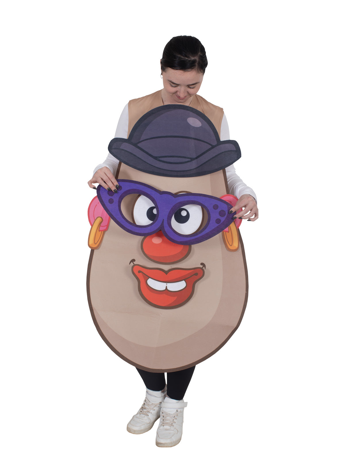 Full-body Mr. Potato Head costume for adults features iconic character design with removable accessories for playful...