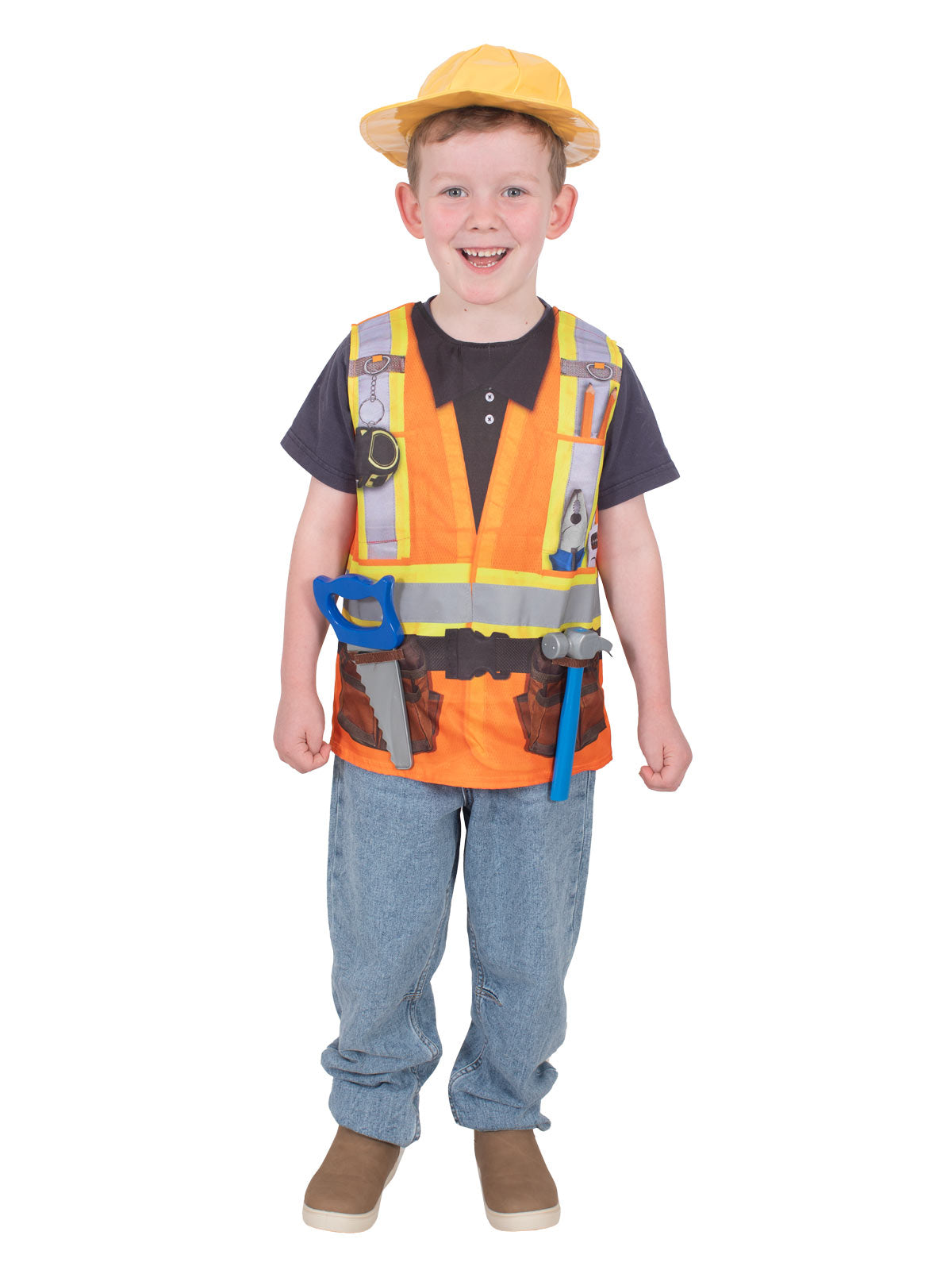 Orange Construction Worker Costume with Yellow Hat | Tools Included