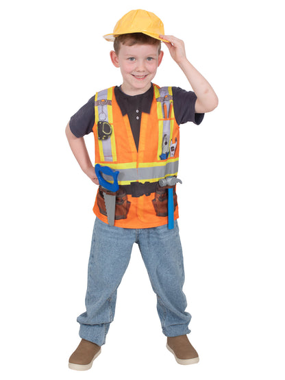 Orange Construction Worker Costume with Yellow Hat | Tools Included