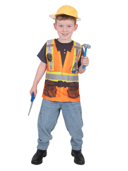 Orange Construction Worker Costume with Yellow Hat | Tools Included