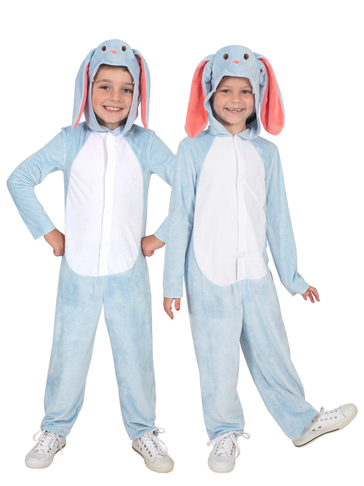 Two children wearing blue animal costumes with pink ears on a white background.