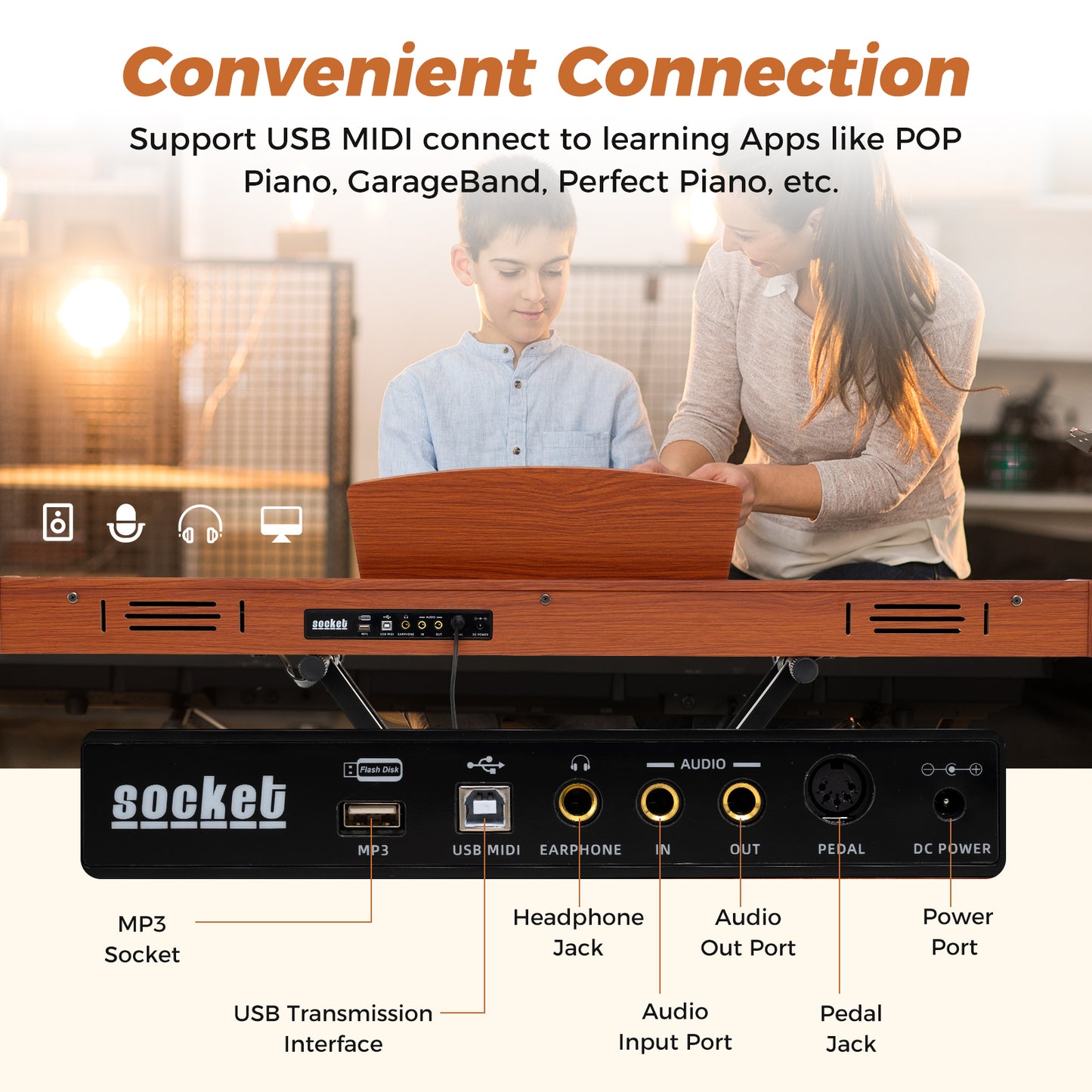 88 Key Brown Digital Piano | Semi Weighted Keys | Dual Speakers