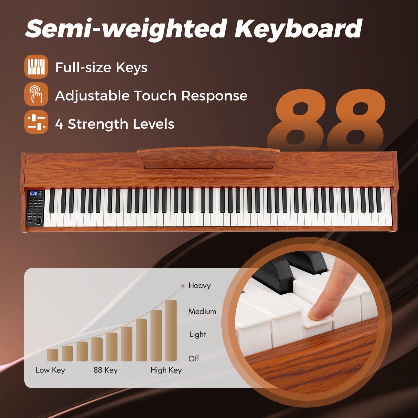 88 Key Brown Digital Piano | Semi Weighted Keys | Dual Speakers
