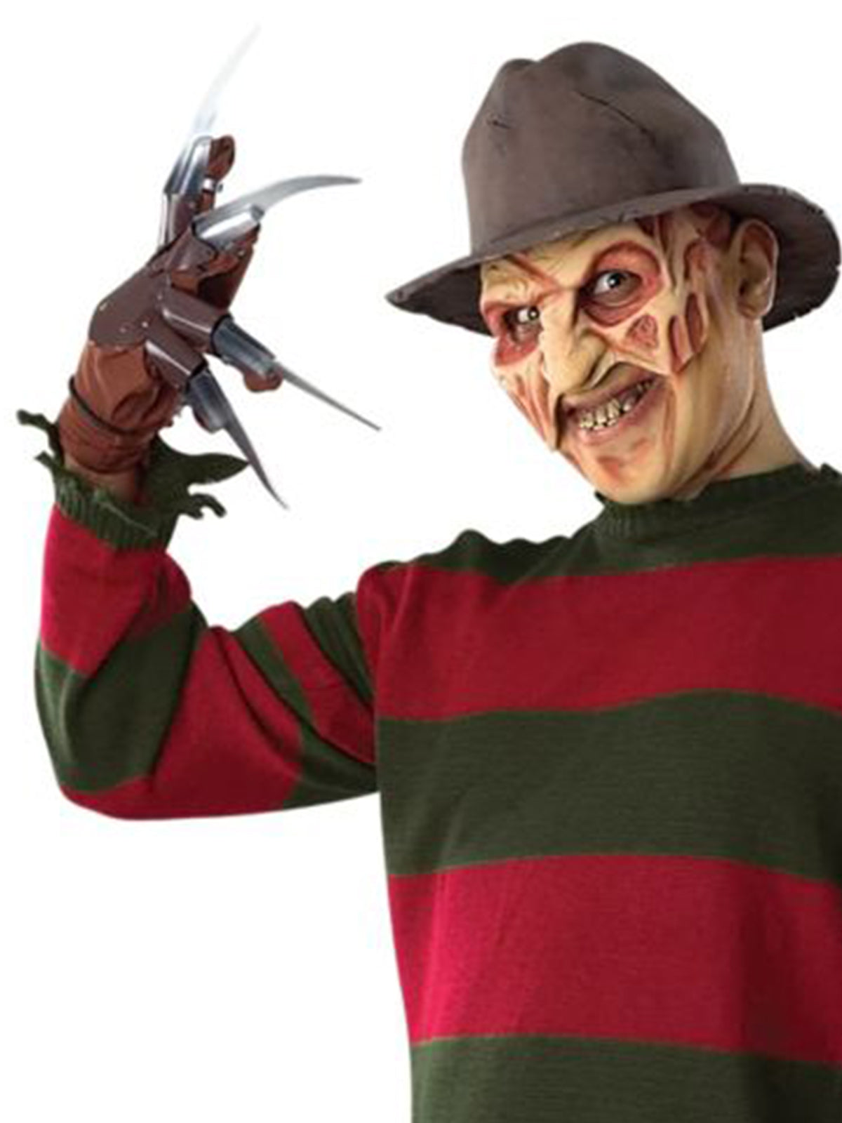 Adult Freddy Krueger costume sweater in iconic striped design for A Nightmare on Elm Street fans.