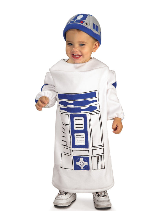 R2-D2 kids costume tunic featuring realistic control panel print for imaginative play at home.