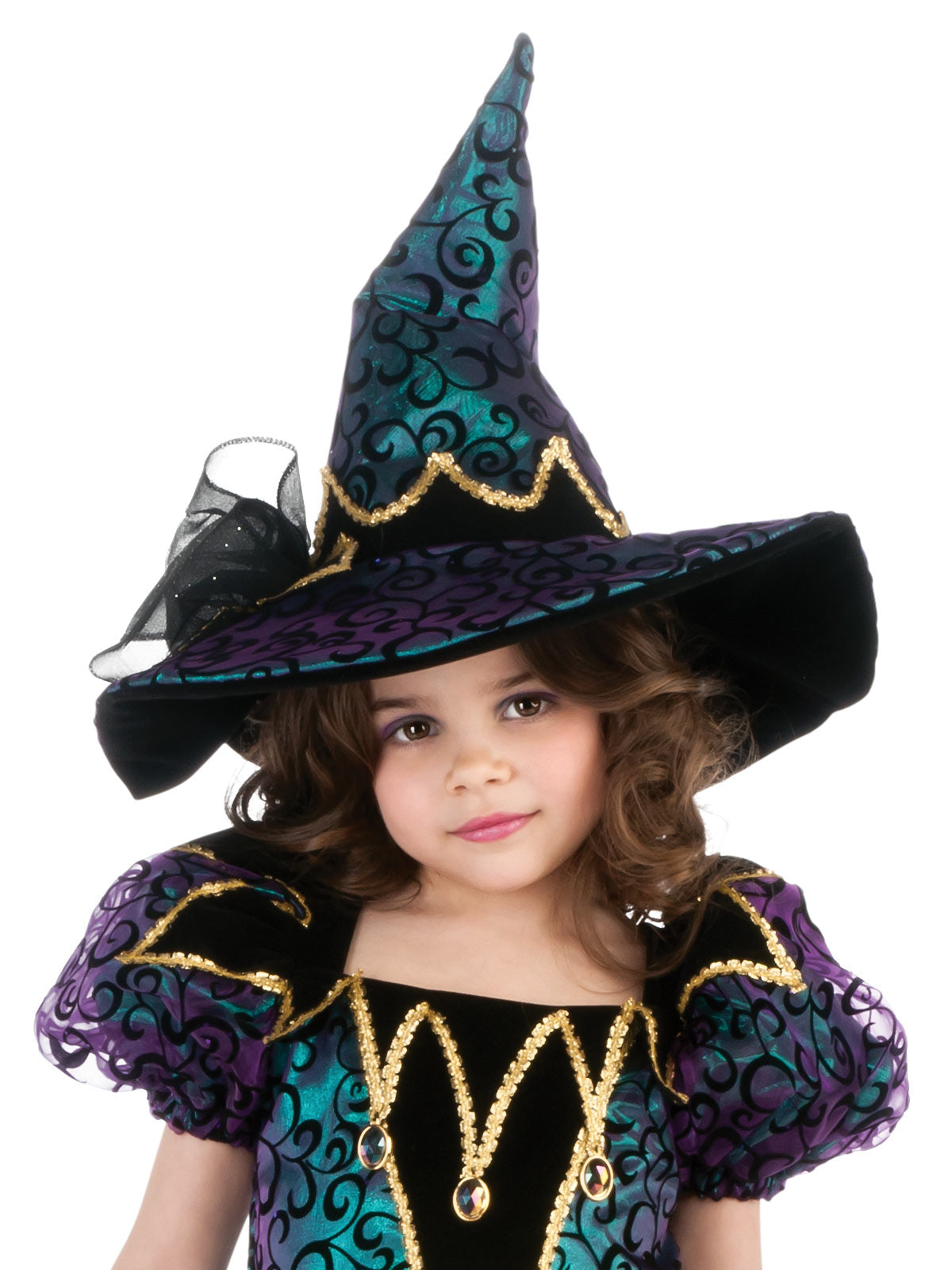 Kids sparkly witch Halloween costume set with dress and hat, perfect for dress-up fun.