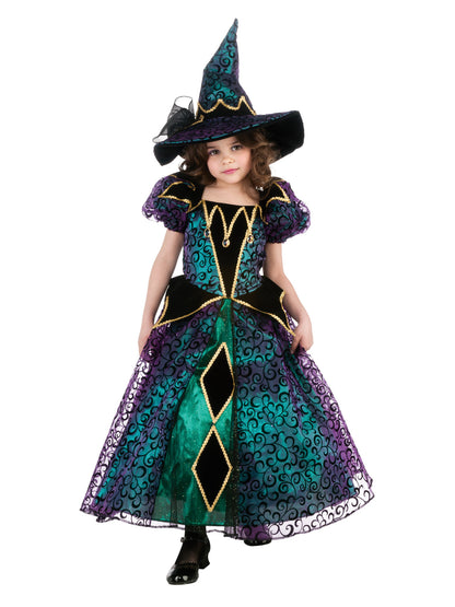 Kids Halloween costume set with sparkly witch dress and hat, perfect for spooky playtime.