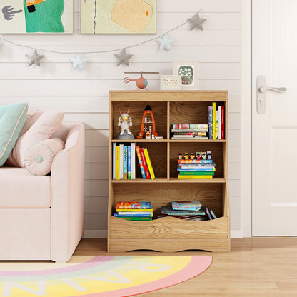 88 CM Kids Bookshelf with 5 Bins for Playroom and Living Room-Natural