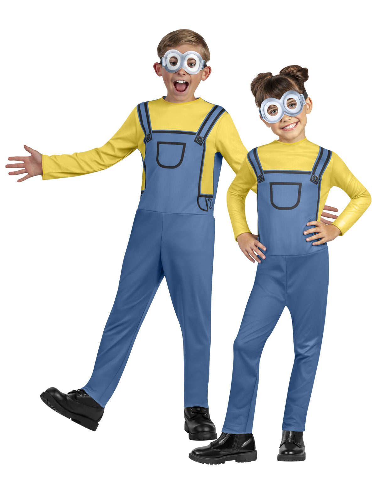 Kids Minion jumpsuit costume with goggles for home dress-up - Universal Studios authentic design.