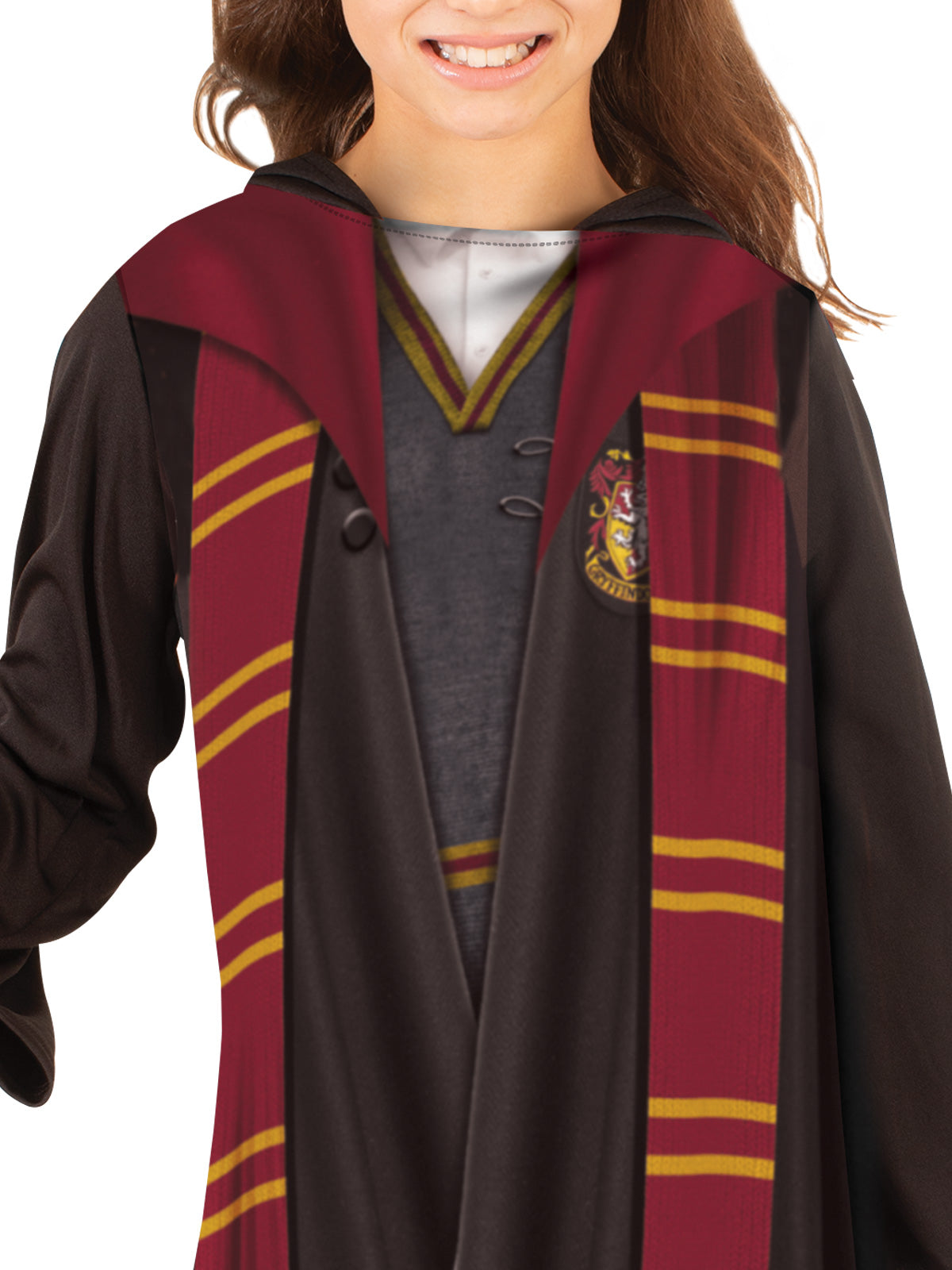 Childs Hermione Granger robe costume with wand - ideal for Harry Potter-themed dress-up play.