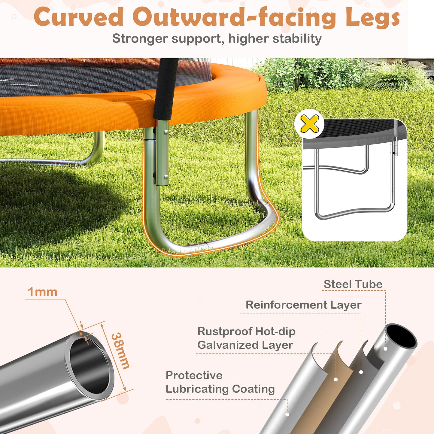 8 Ft Orange Outdoor Trampoline | Heavy-Duty Galvanized Steel Frame