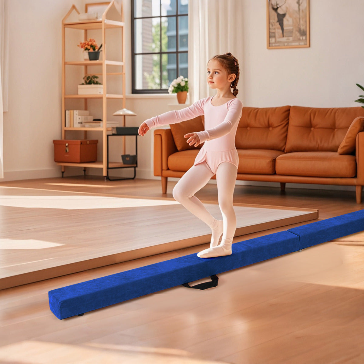 8 FT Folding Balance Beam with Solid Wood Base and Anti-slip Bottom-Blue