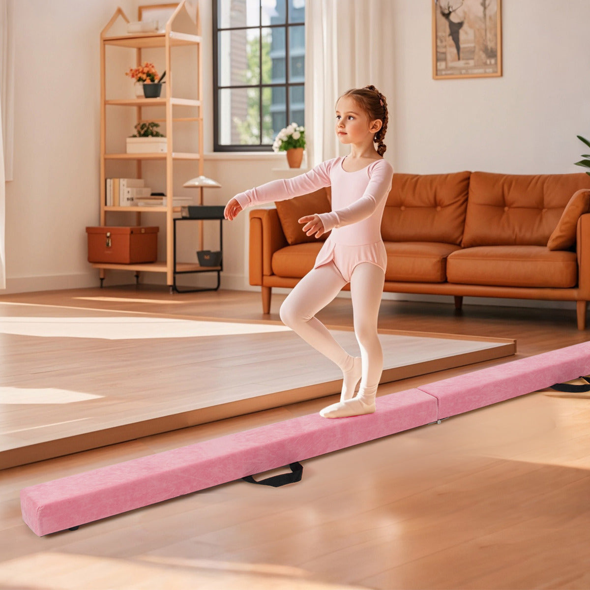 8 FT Folding Balance Beam with Solid Wood Base and Anti-slip Bottom-Pink