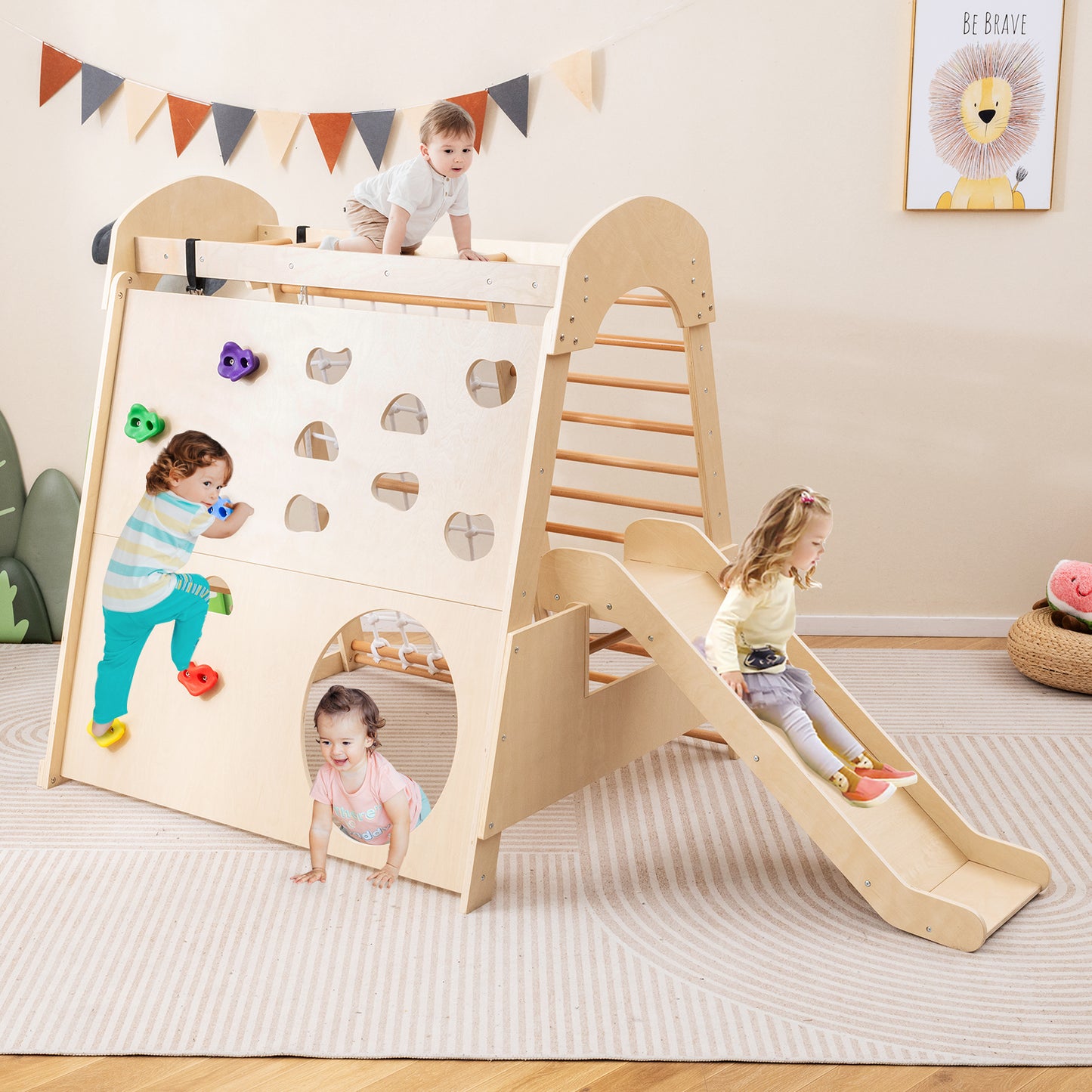 8-in-1 Indoor Jungle Gym Wooden Playground Montessori Climbing Playset-Natural