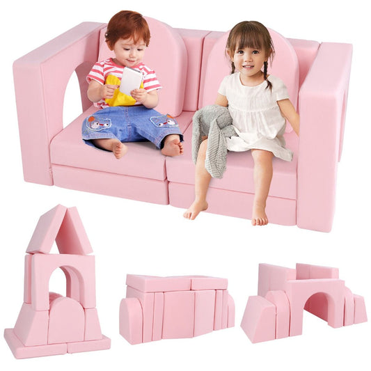 modular foam couch set for kids offers play and seating options in pink.