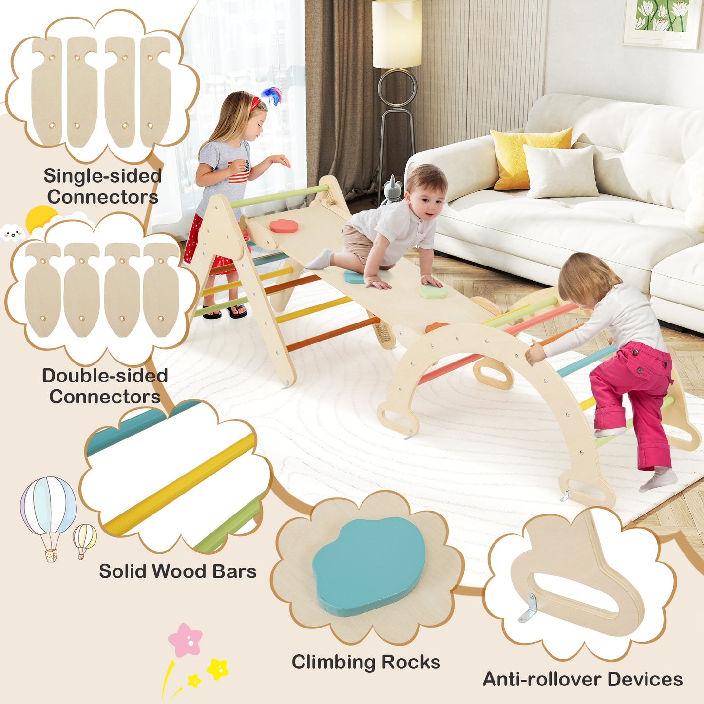 8 In 1 Wooden Kids Climbing Frame | Macaron Multicolour Beech