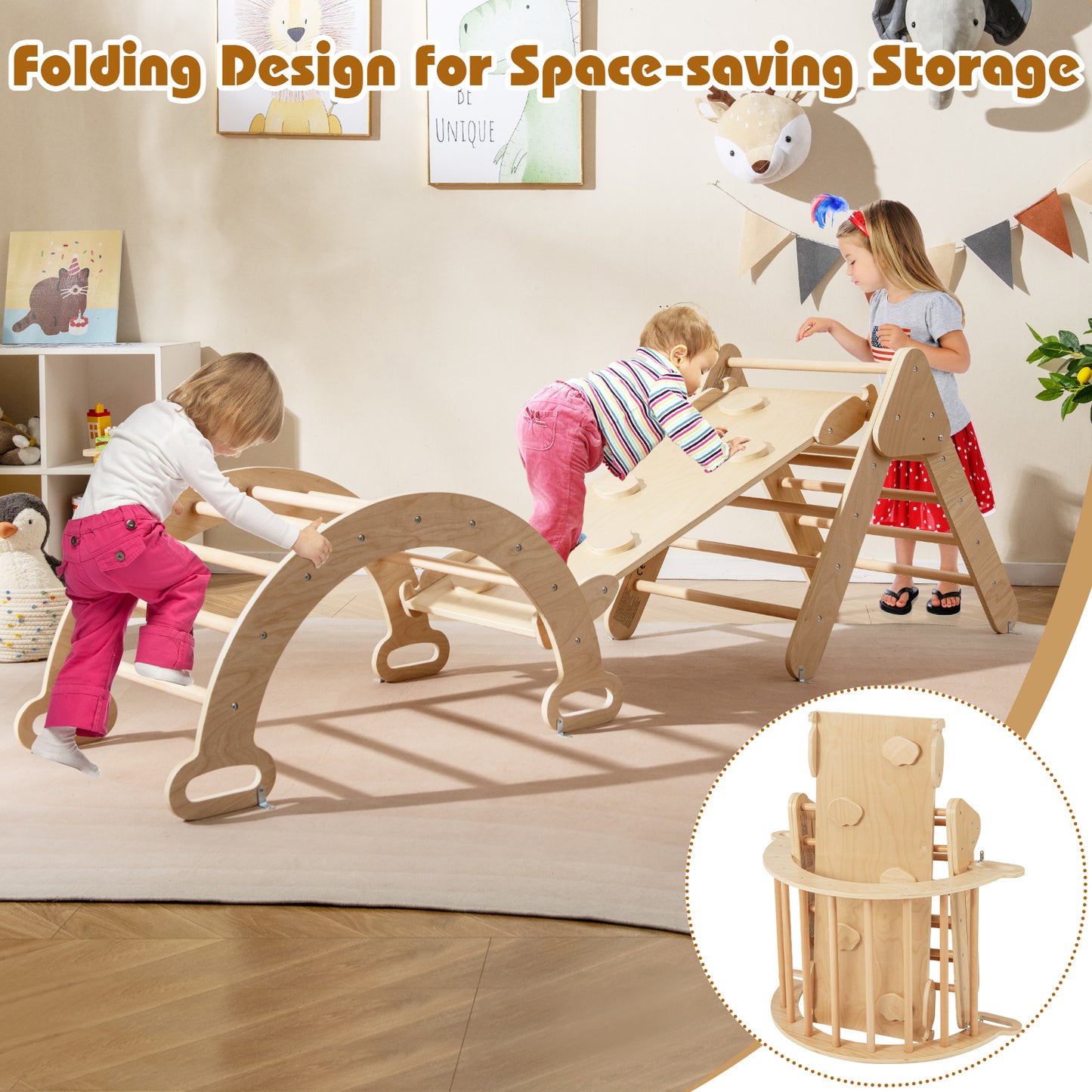 8 In 1 Kids Climbing Frame With Padded Cushion And Reversible Ramp Natural
