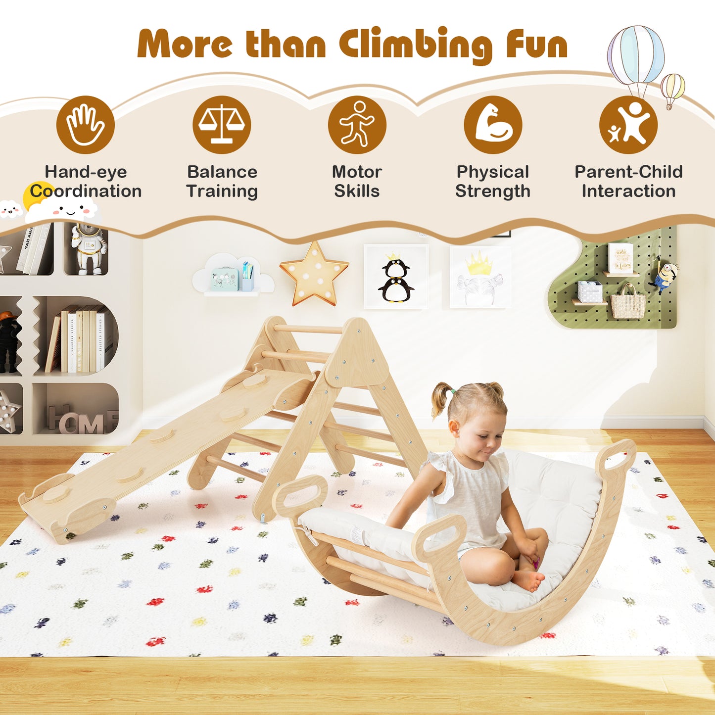 8 In 1 Kids Climbing Frame With Padded Cushion And Reversible Ramp Natural