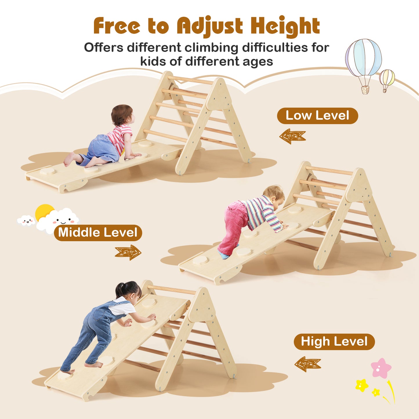 8 In 1 Kids Climbing Frame With Padded Cushion And Reversible Ramp Natural