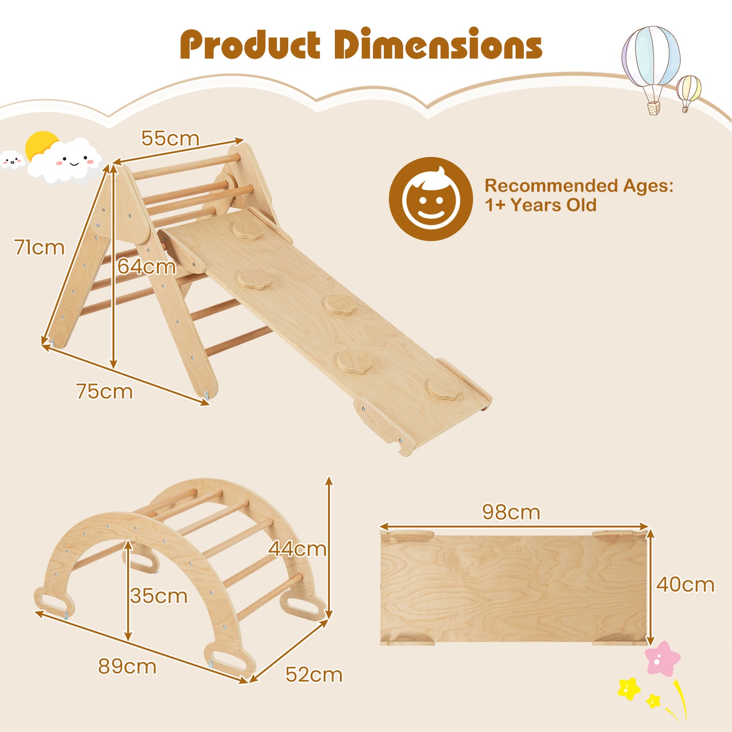 8 In 1 Kids Climbing Frame With Padded Cushion And Reversible Ramp Natural