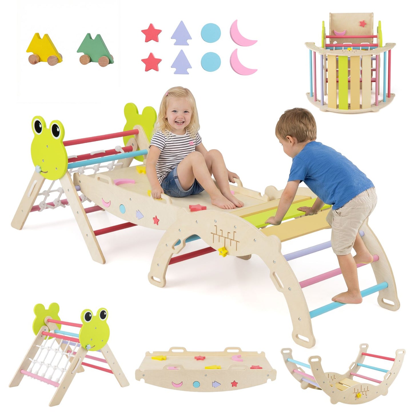 8 In 1 Wooden Triangle Climber | Foldable Colourful Playset