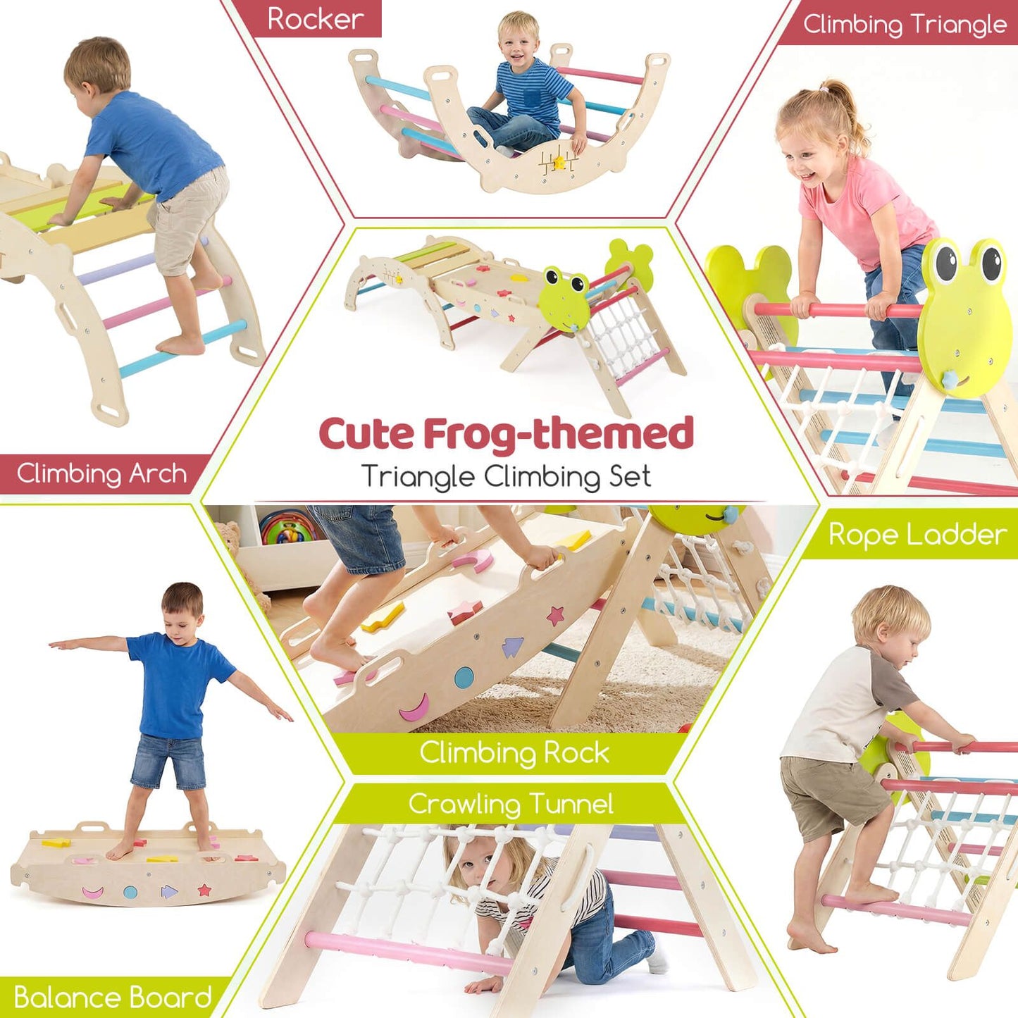 8 In 1 Wooden Triangle Climber | Foldable Colourful Playset