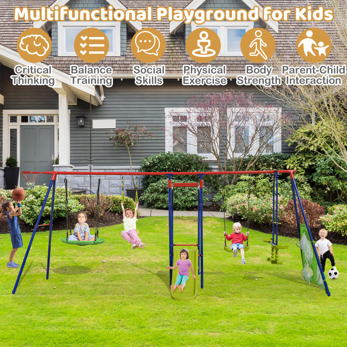 8-in-1 Outdoor Swing Set | Slide Basketball Hoop Multicolour