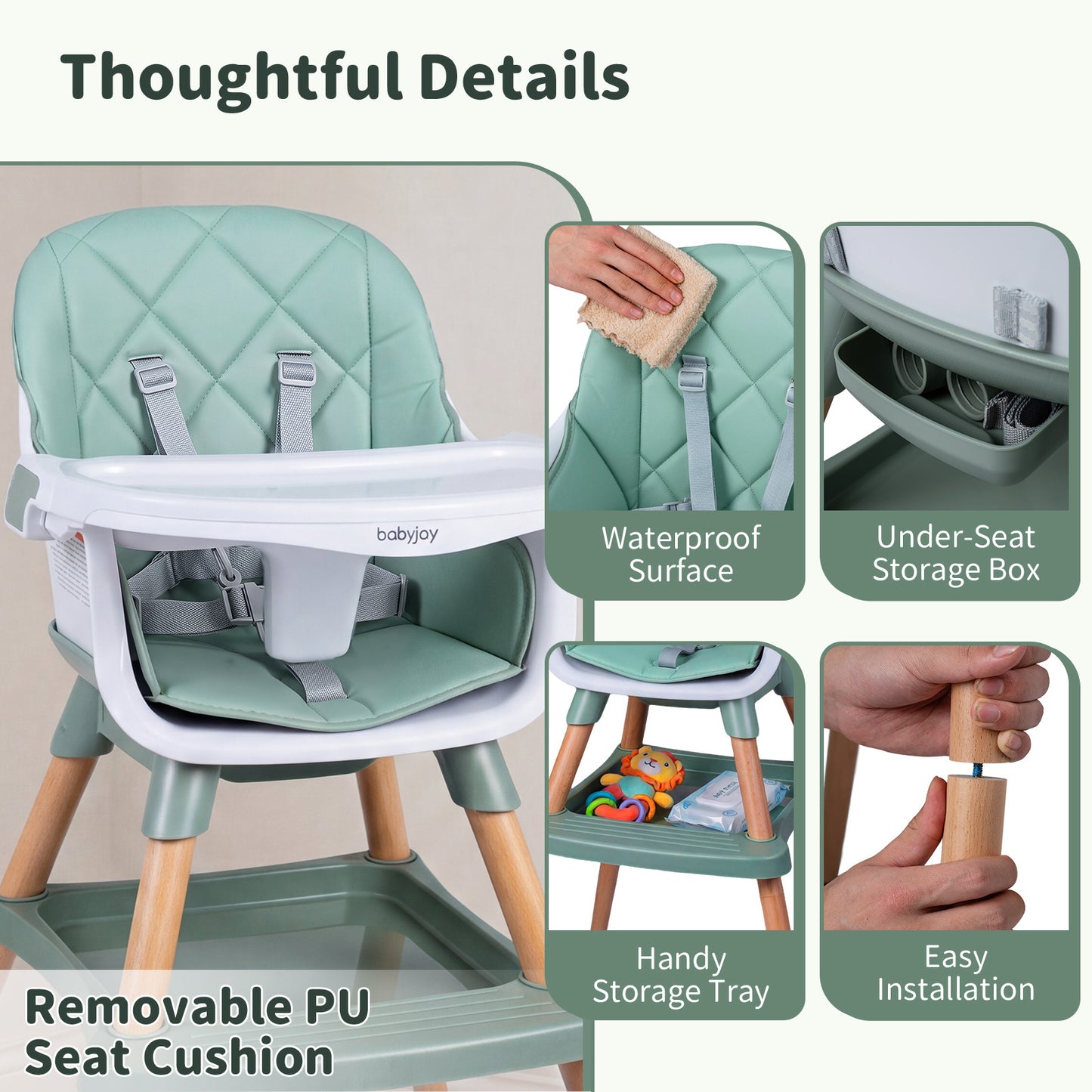 Green 9-In-1 Convertible High Chair | Waterproof Cushion & Booster