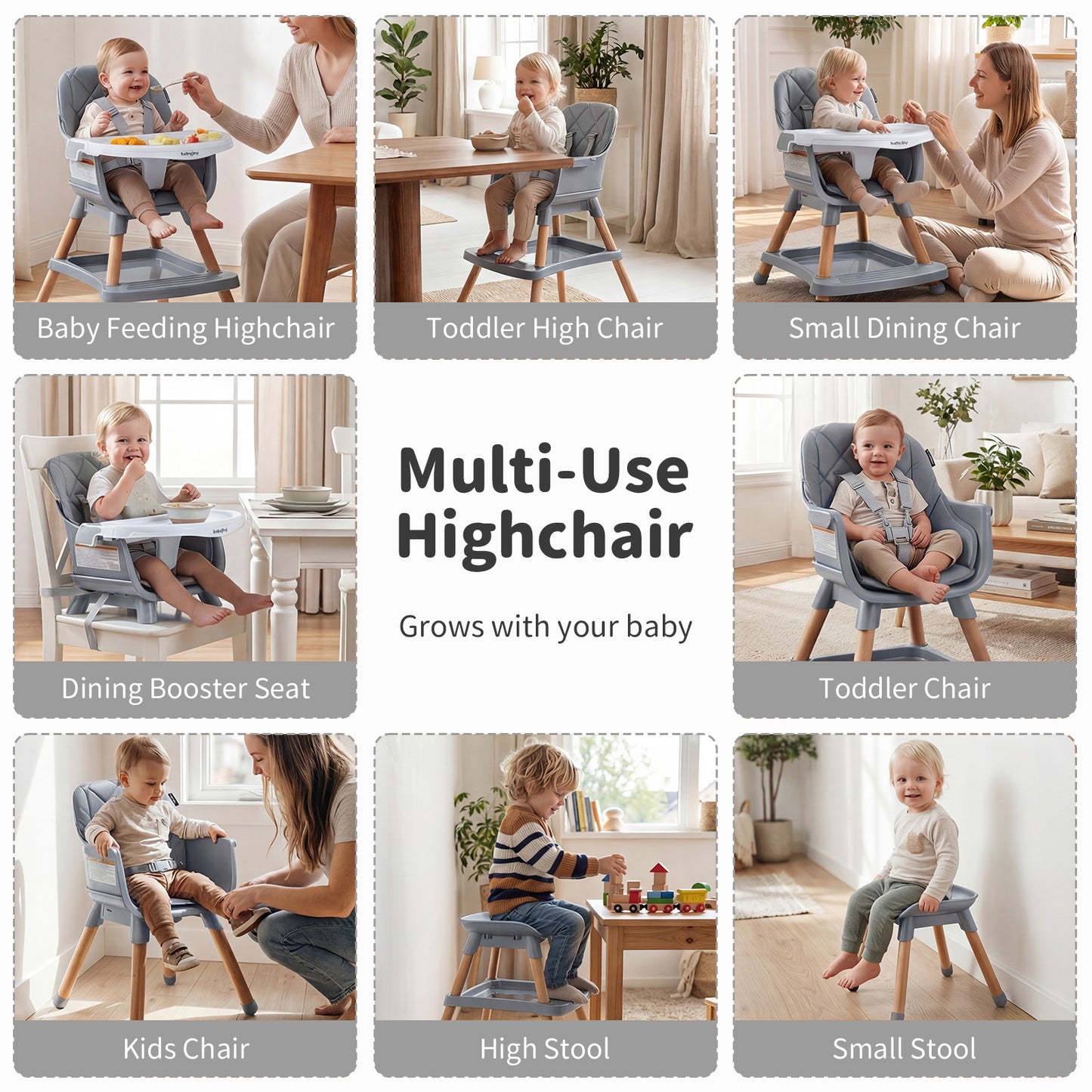 Grey 9-In-1 Convertible High Chair | Waterproof Cushion & Booster