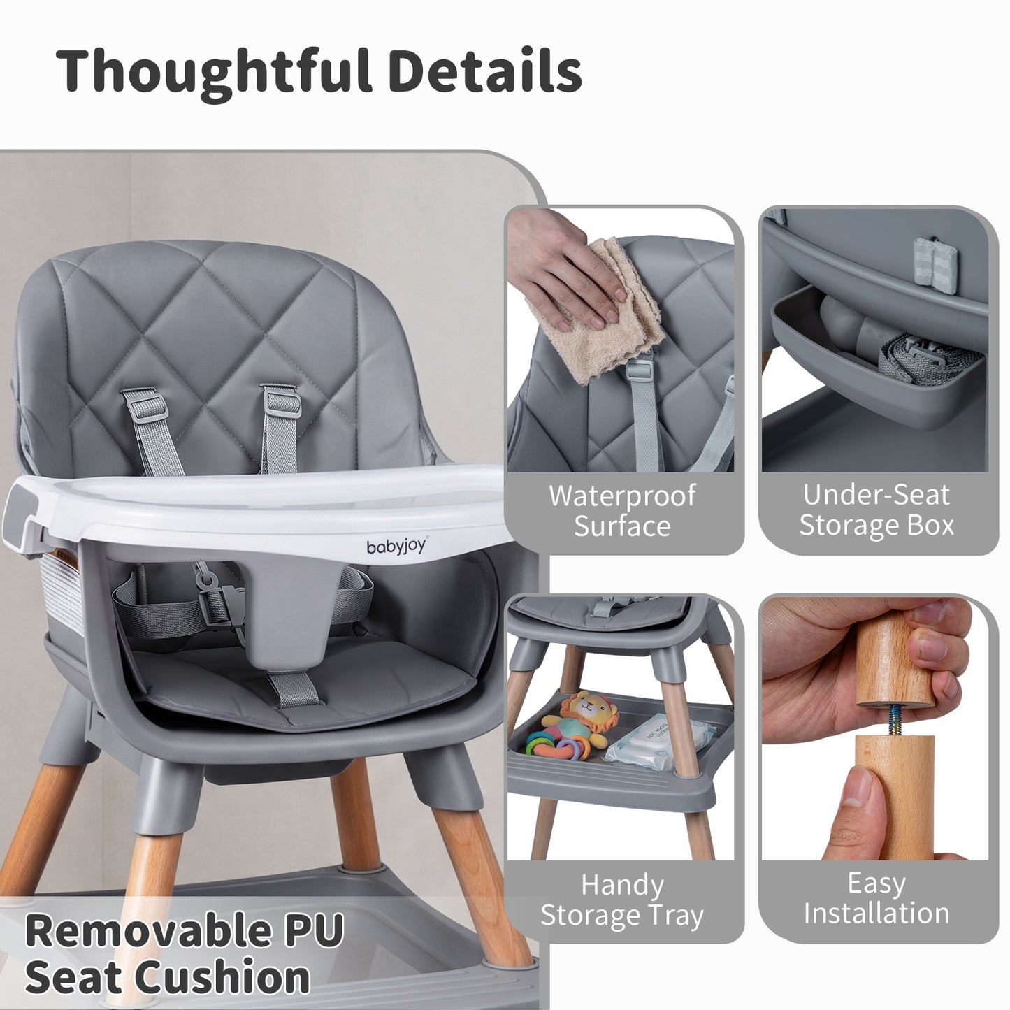 Grey 9-In-1 Convertible High Chair | Waterproof Cushion & Booster