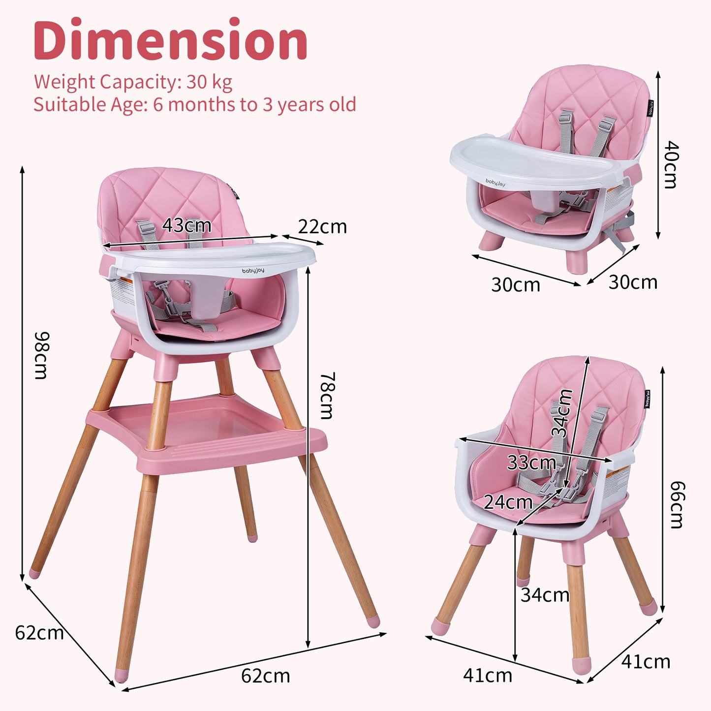Pink 9-In-1 Convertible High Chair | Waterproof Cushion & Booster