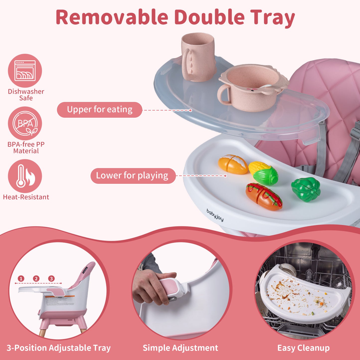 Pink 9-In-1 Convertible High Chair | Waterproof Cushion & Booster