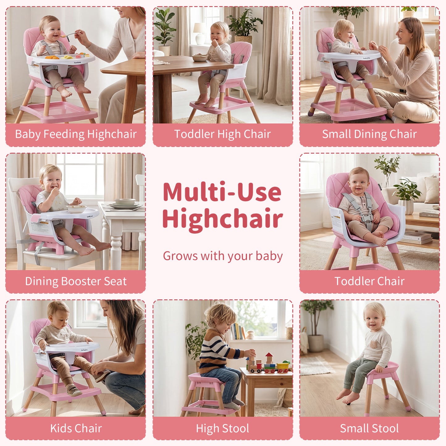 Pink 9-In-1 Convertible High Chair | Waterproof Cushion & Booster