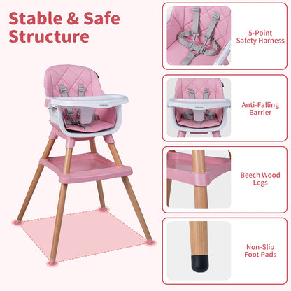 Pink 9-In-1 Convertible High Chair | Waterproof Cushion & Booster