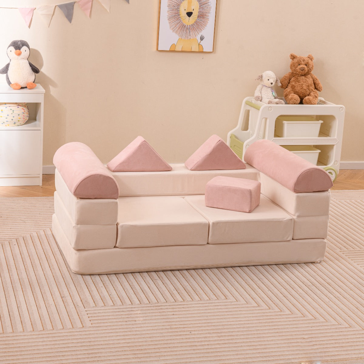 Versatile 9-piece modular play couch for kids features washable pink covers and transforms into various configurations