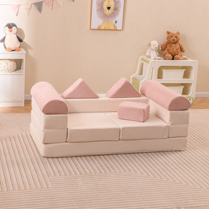 Versatile 9-piece modular play couch for kids features washable pink covers and transforms into various configurations