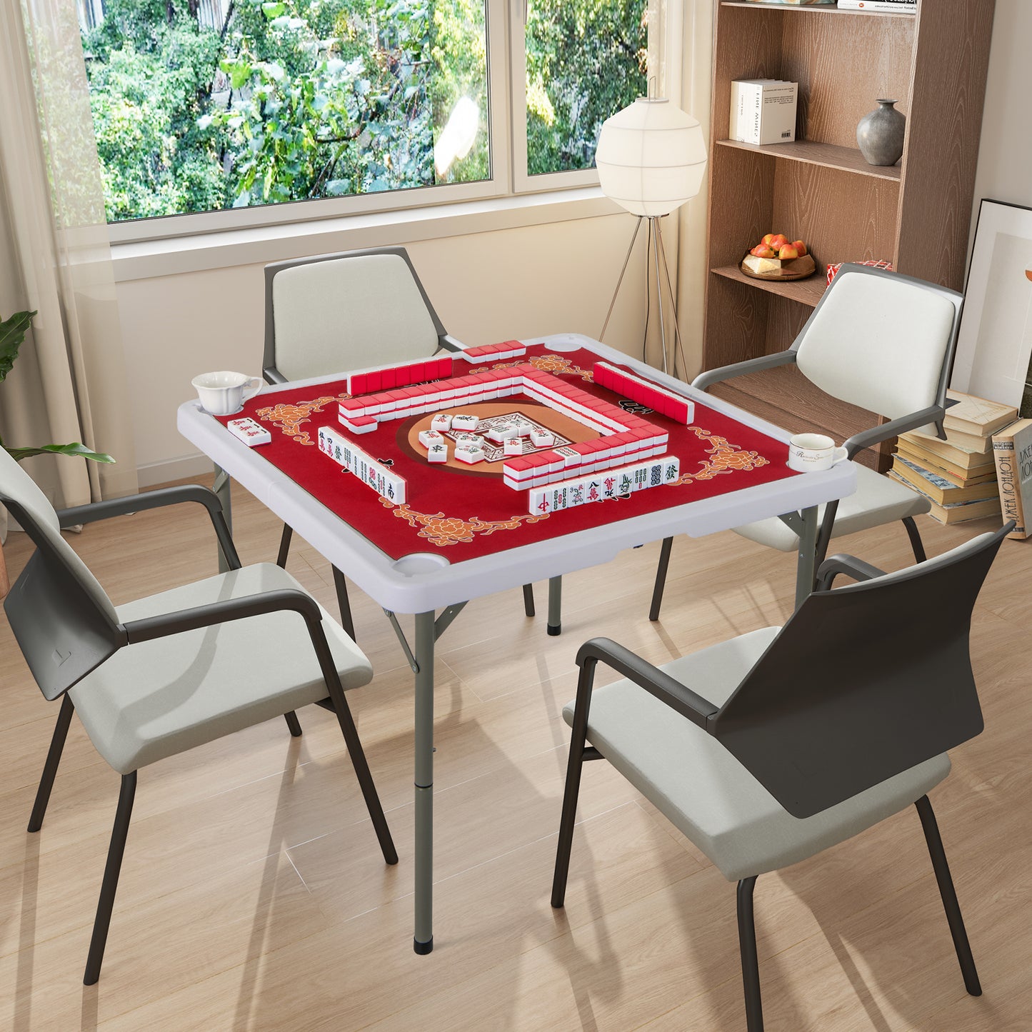90cm Folding Mahjong Table Portable with Felt Mat-Red