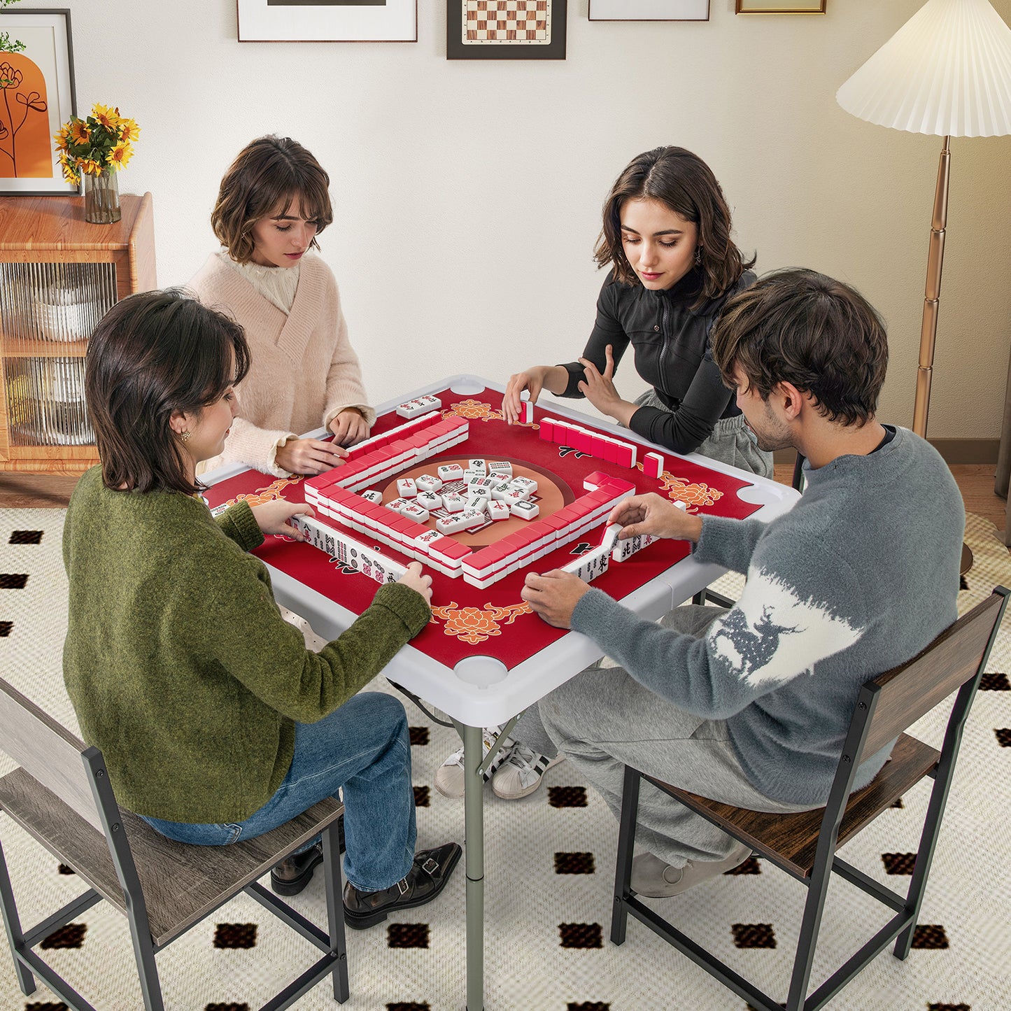 90cm Portable Folding Mahjong Table | Red Felt Mat & Cup Holders