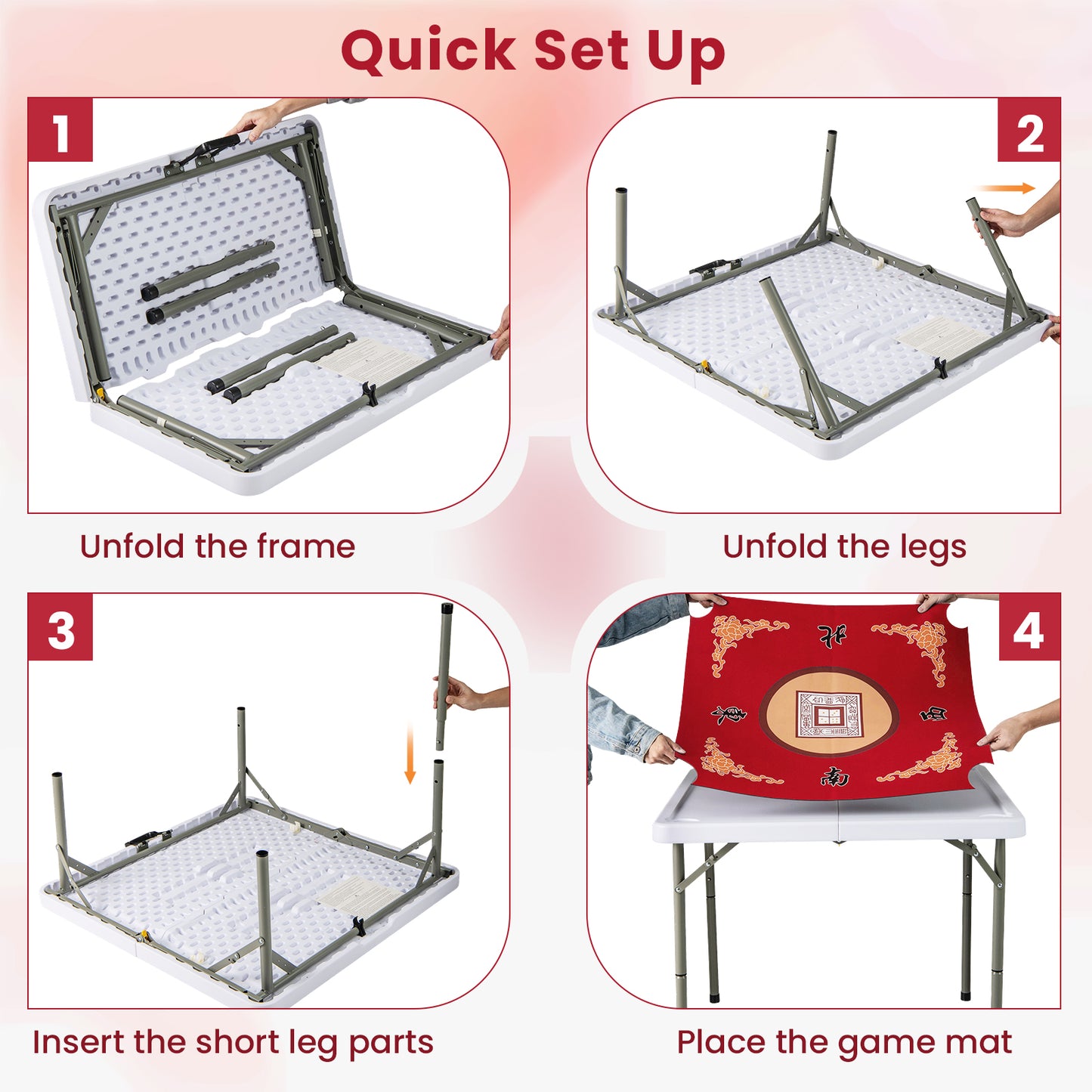 90cm Portable Folding Mahjong Table | Red Felt Mat & Cup Holders