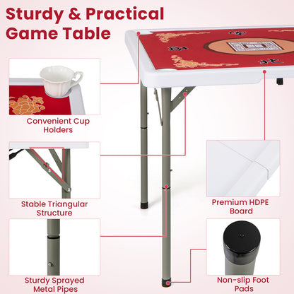 90cm Portable Folding Mahjong Table | Red Felt Mat & Cup Holders