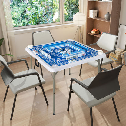 90cm Folding Mahjong Table Portable with Felt Mat and Cup Holders-Blue