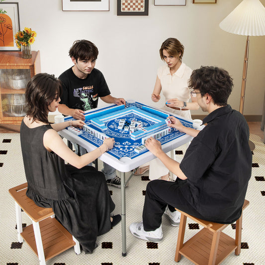 Blue 90cm Portable Folding Mahjong Table | Felt Mat Cup Holders