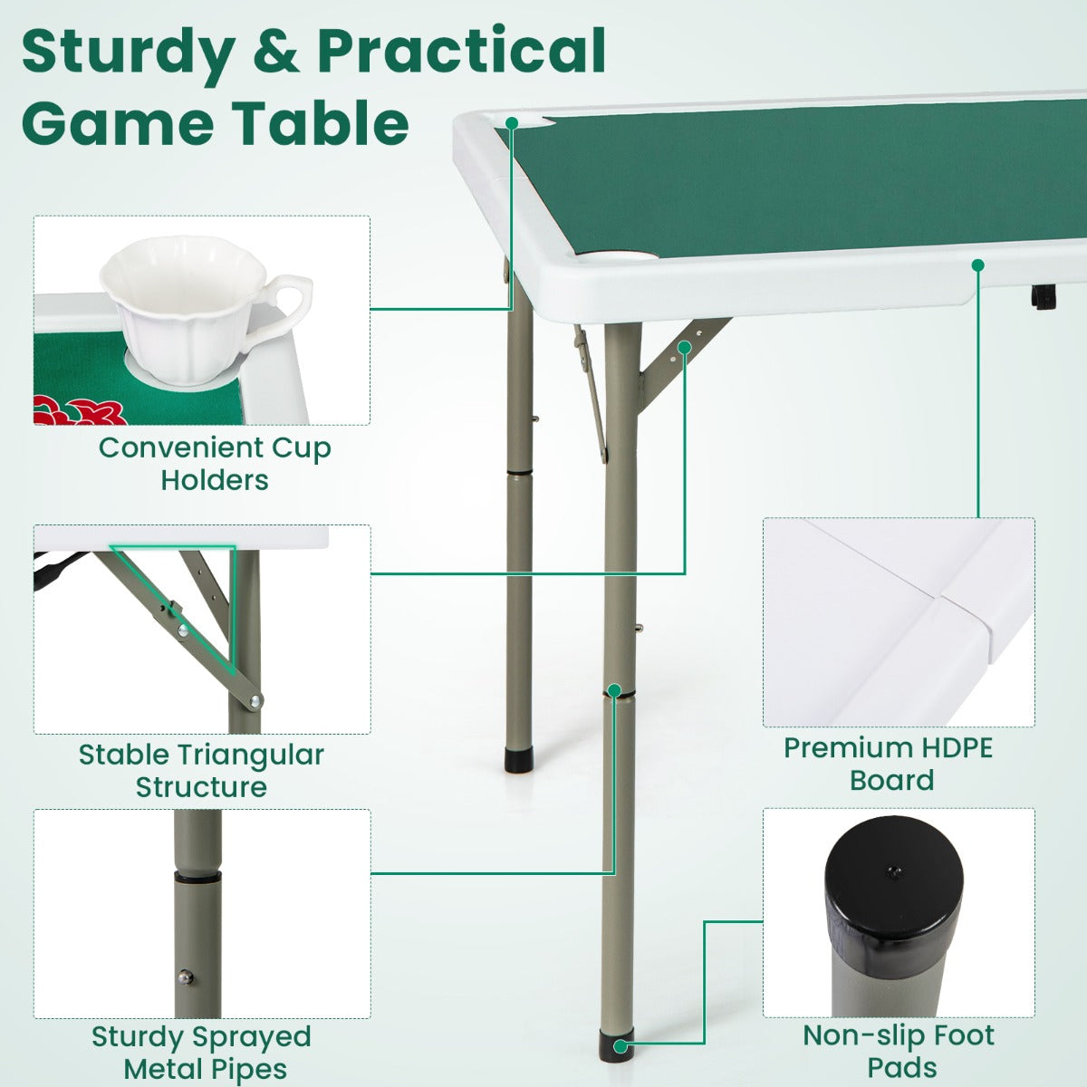 90cm Foldable Mahjong Table | Portable Green Felt Cup Holders