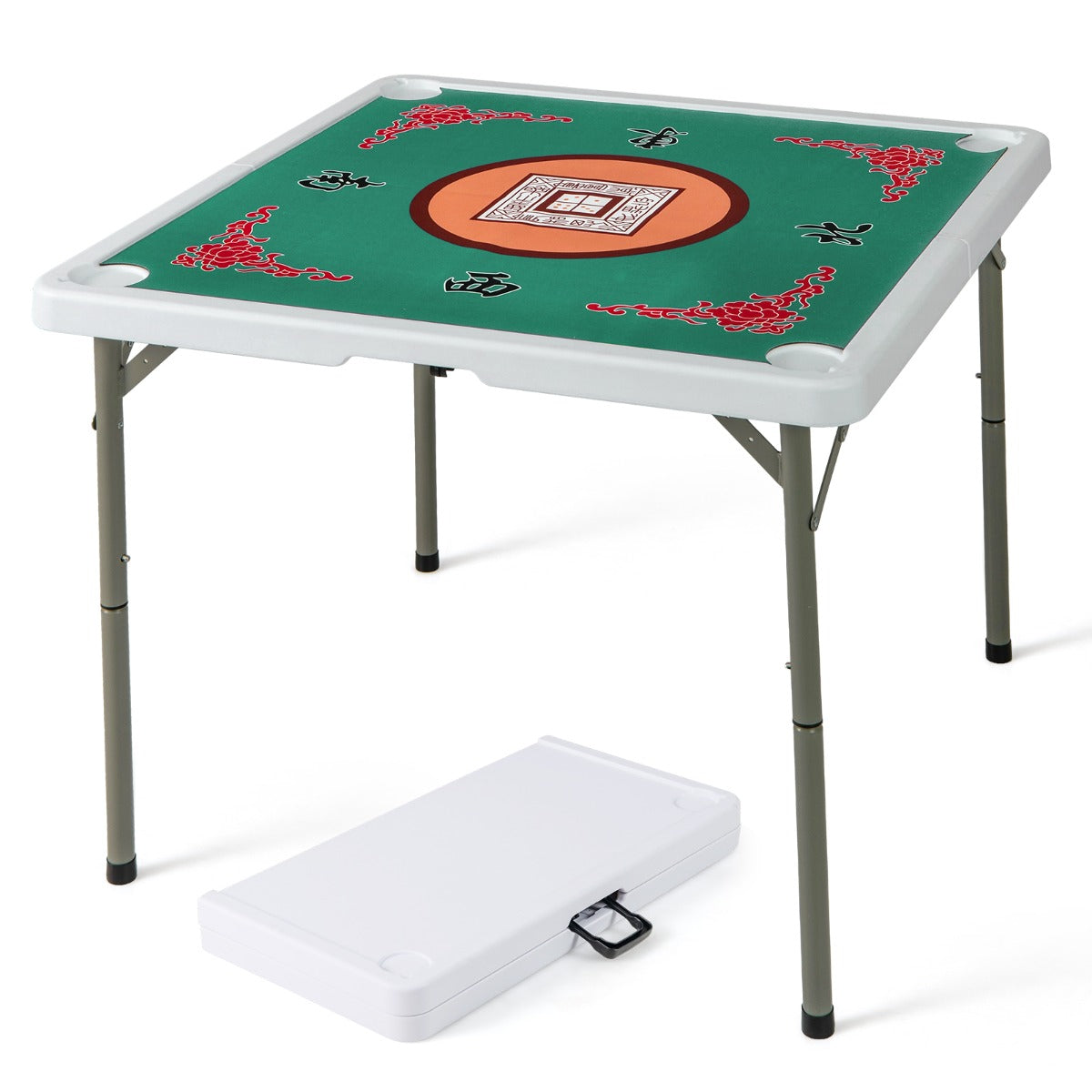 90cm Foldable Mahjong Table | Felt Mat Cup Holders | Green Red