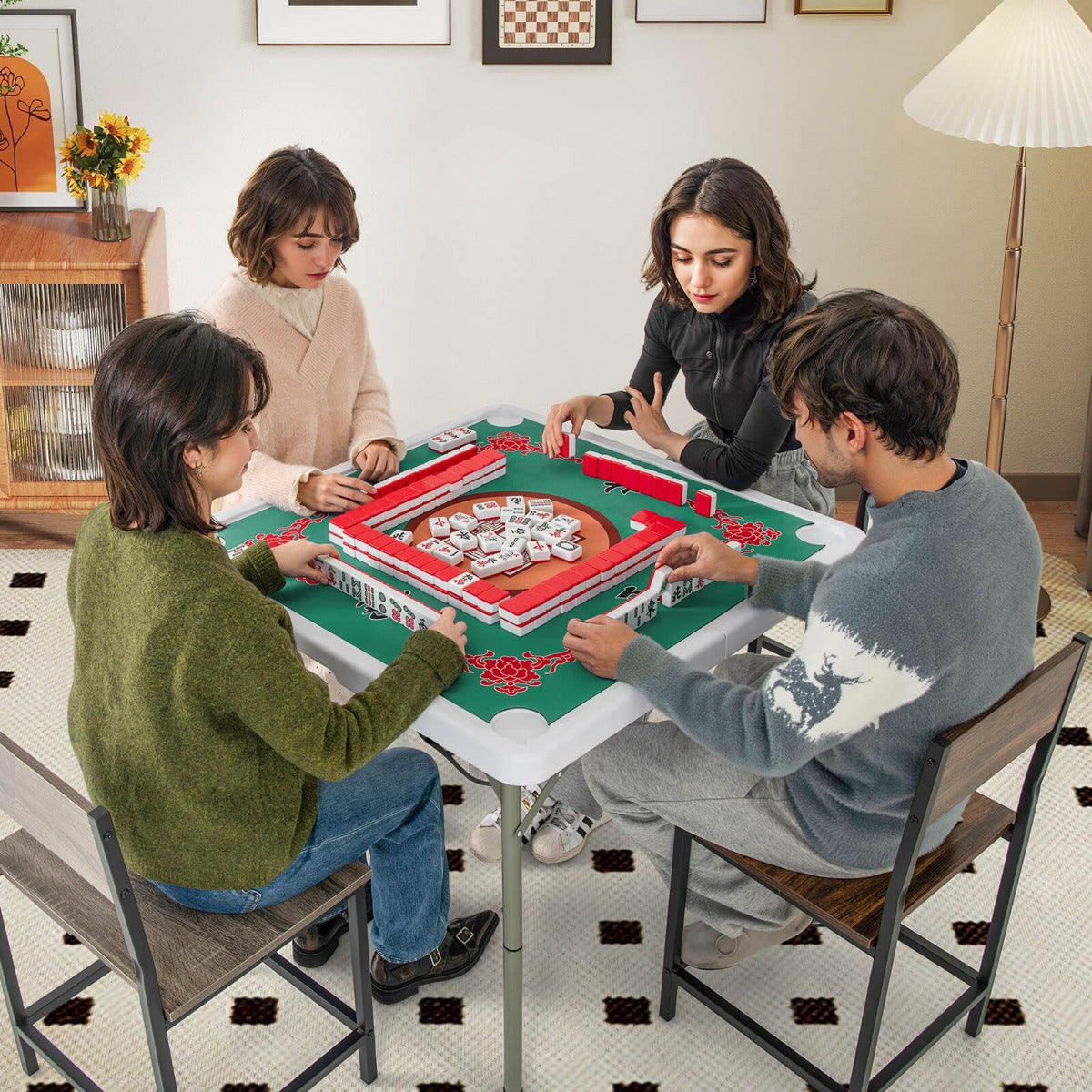 90cm Foldable Mahjong Table | Felt Mat Cup Holders | Green Red