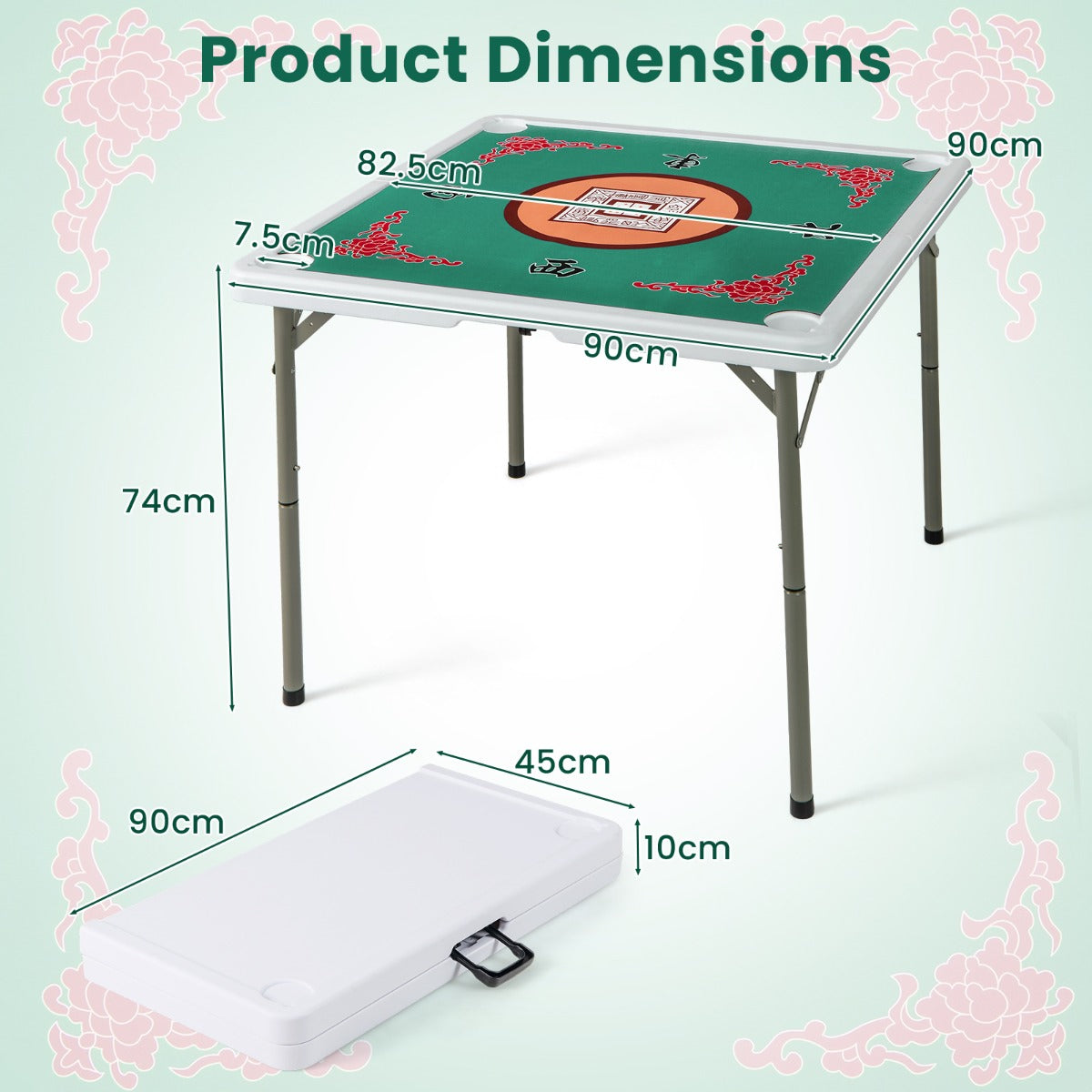 90cm Foldable Mahjong Table | Felt Mat Cup Holders | Green Red