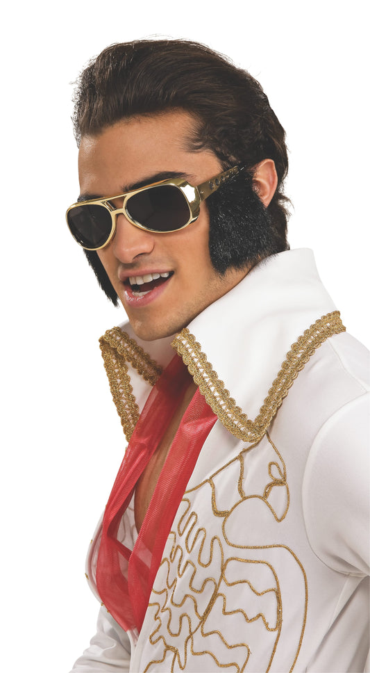 Elvis Presley gold sunglasses with sideburns for dress-up play, a fun kids costume accessory.